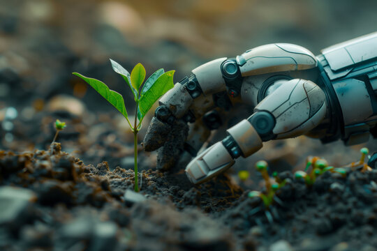 A robot hand plants a green sprout in the ground, the interplay of technology and nature