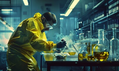 In an underground laboratory, a secret chemist prepares drugs. He wears a mask and overalls and works with goggles and pesticides.