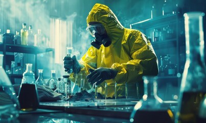In an underground laboratory, a secret chemist prepares drugs. He wears a mask and overalls and works with goggles and pesticides. - obrazy, fototapety, plakaty