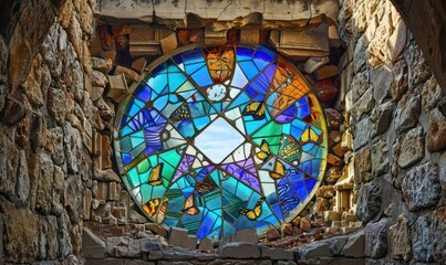 Obraz premium Geodesic stained glass window in blues, purples, greens and oranges of butterflies in the wall of a large ruined stone structure