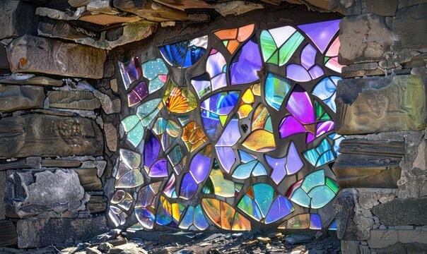 Geodesic stained glass window in blues, purples, greens and oranges of butterflies in the wall of a large ruined stone structure