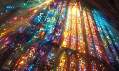 Colored rays falling through stained glass windows. Geodesic stained glass window in blues, purples, greens and oranges.