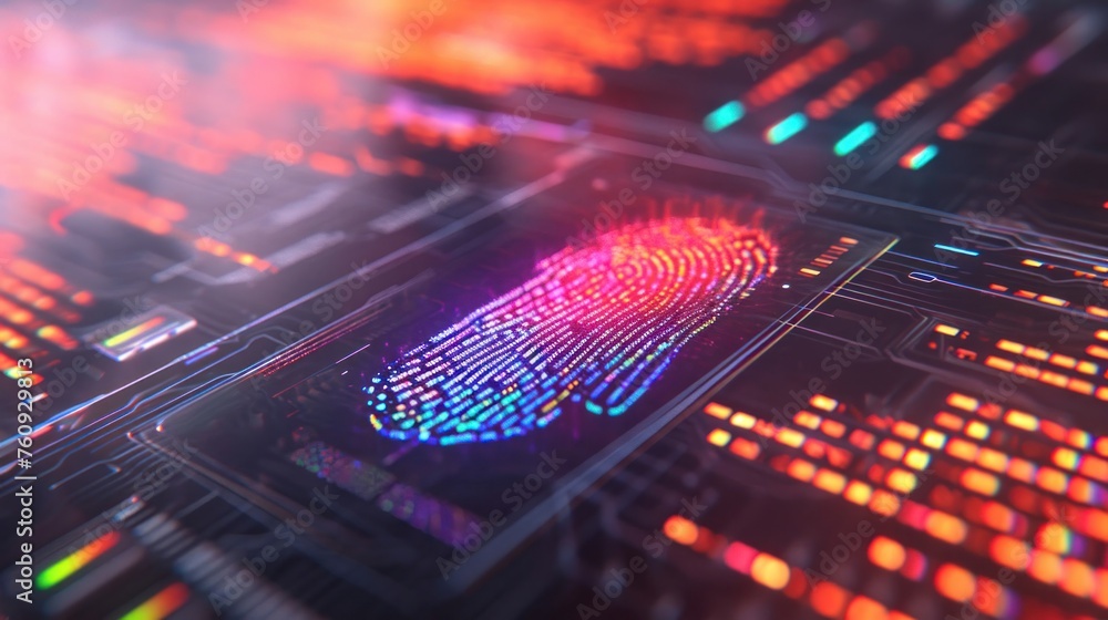 Poster close up of digital id fingerprint on computer screen generative ai