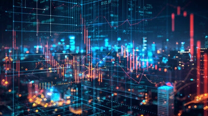 A 3D graph and charts projecting over a cityscape at night, representing market analysis and global business trends, with copy space