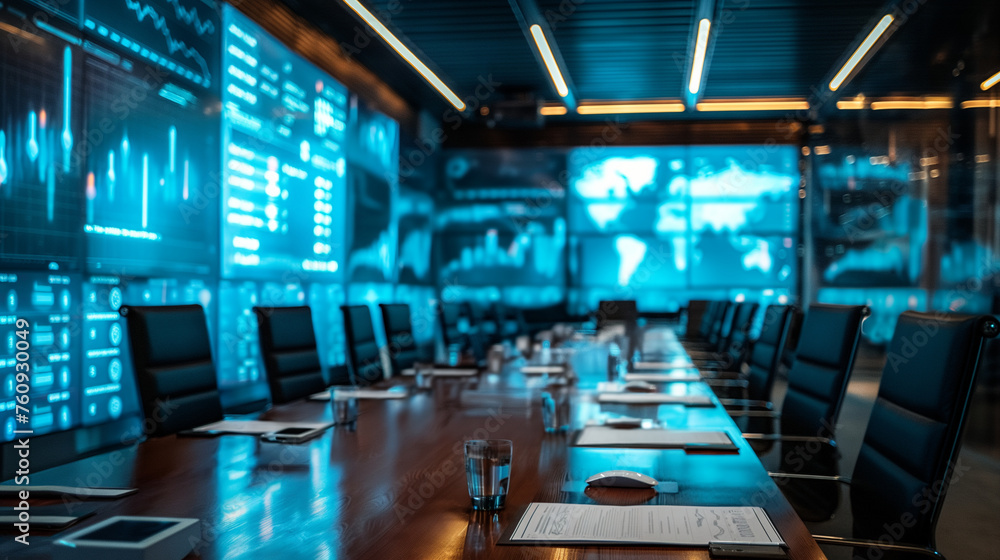 Poster a boardroom with digital screens showing live global stock exchanges and big data analytics, with co