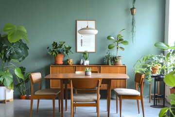 A minimalist midcentury modern dining room with sage green walls, featuring wood furniture, a sideboard, and a hanging pendant light. Stylish and cozy living space Scandinavian home interior design.