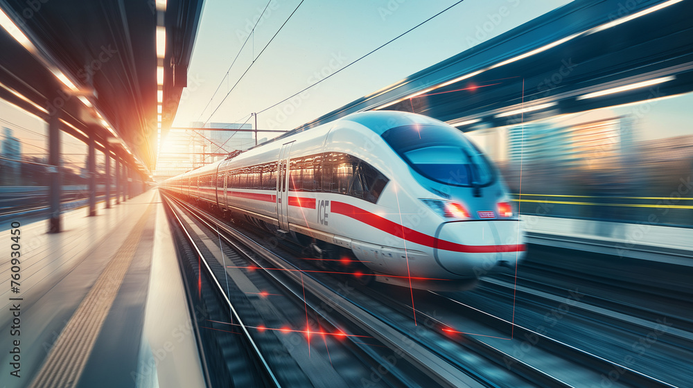 Poster a high-speed train with digital overlays showing dynamic data flows between cities, illustrating fas