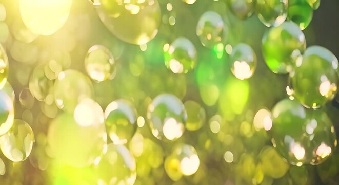 Slow motion of the abstract air bubbles on sunny yellow green sunny nature bokeh background
