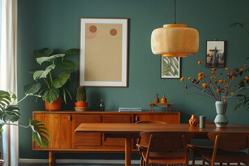 A minimalist midcentury modern dining room with sage green walls, featuring wood furniture, a sideboard, and a hanging pendant light. Stylish and cozy living space Scandinavian home interior design.