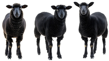 Black sheep collection (portrait, standing), animal bundle isolated on a white background as transparent PNG