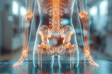 Human pelvis and hip bones structure, blue x-ray light effect, 3D illustration