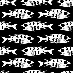 simple seamless pattern of white graphic fish on a black background, texture, design