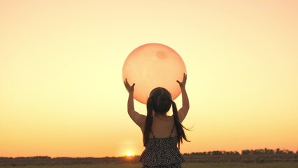 little girl daughter holding balloon sunset, childhood dream flying sky, happy family, little girl...