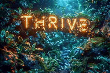 Glowing THRIVE Lettering Amidst Lush Greenery nestled within the dense, verdant foliage of an enchanting forest.