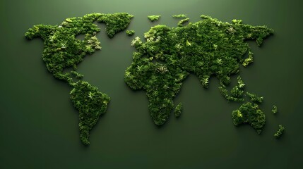 World map made from green grass and leaves. Ecology and green environment concept isolated on dark green background.