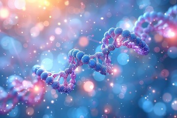 Abstract blue and purple DNA double helix structure on white glittering background