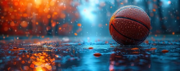In the rain on the court: the basketball in the spotlight represents resilience and creativity - obrazy, fototapety, plakaty