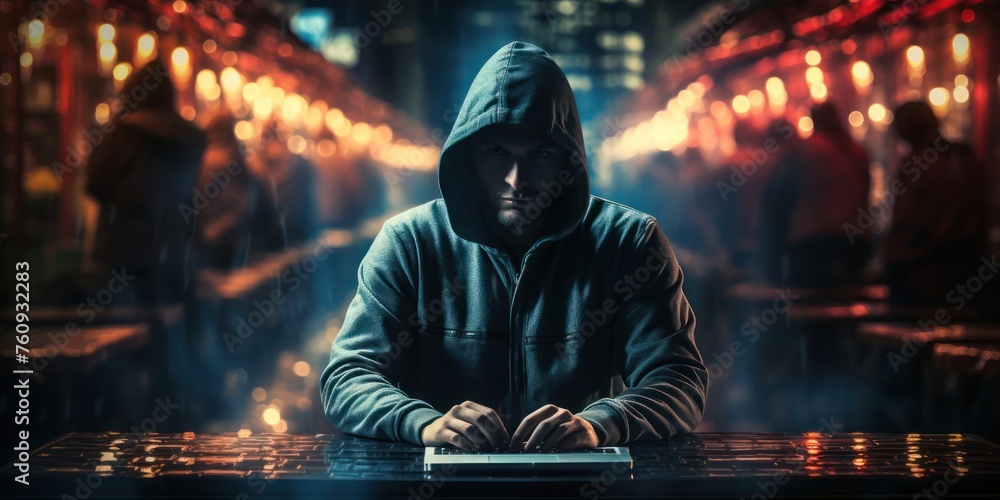 Poster computer hacker on laptop at table generative ai