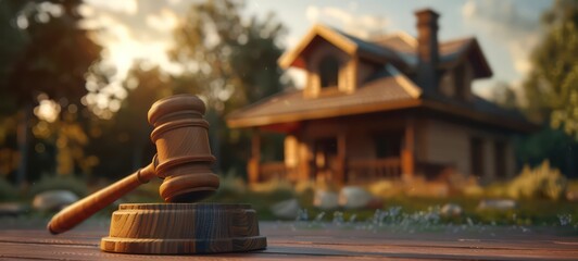 Judge gavel on background of private house, court hammer, housing estate, concept of land, construction, housing, family, bankruptcy law and home purchase - obrazy, fototapety, plakaty