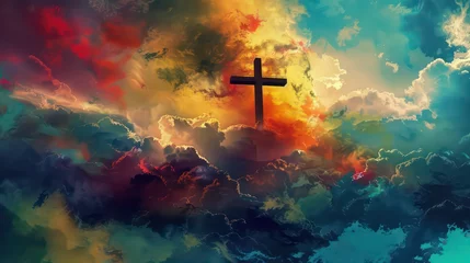 Fotobehang Jesus cross symbol on colorful clouds background © Ibad
