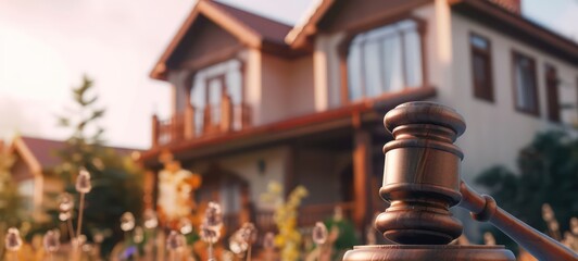 Judge gavel on background of private house, court hammer, housing estate, concept of land, construction, housing, family, bankruptcy law and home purchase