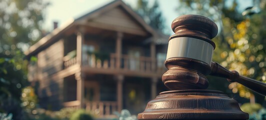 Judge gavel on background of private house, court hammer, housing estate, concept of land, construction, housing, family, bankruptcy law and home purchase