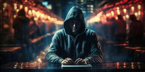 Computer Hacker on Laptop at Table Generative AI - obrazy, fototapety, plakaty