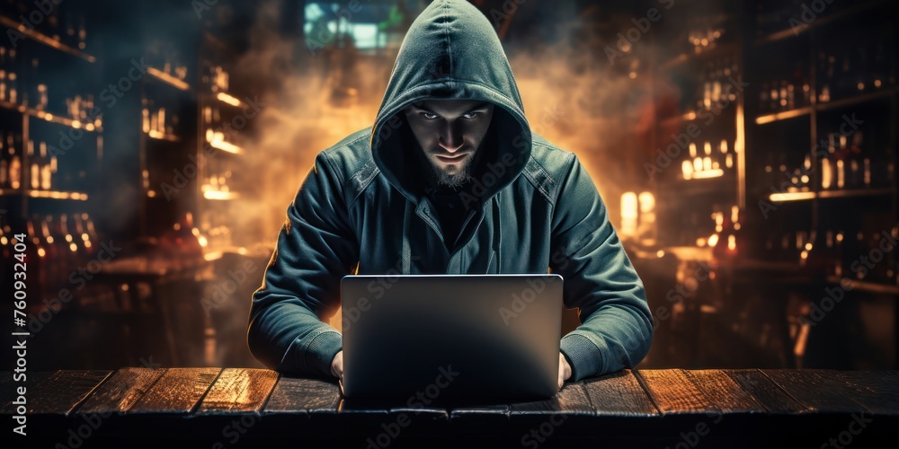 Poster computer hacker working on laptop at table generative ai