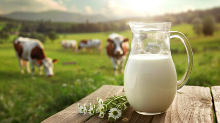 A glass milk jug on a wooden table on the background of an alpine meadow with grazing cows