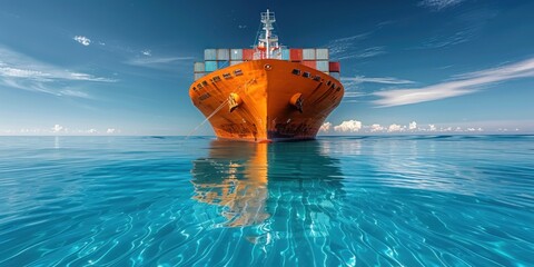 Congestion of sea routes: blue container ship sails on clear ocean waters under clear sky - obrazy, fototapety, plakaty
