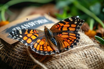 Fototapeta na wymiar Majestic Butterfly Perched on Nest with Transform Banner, Symbol of Change