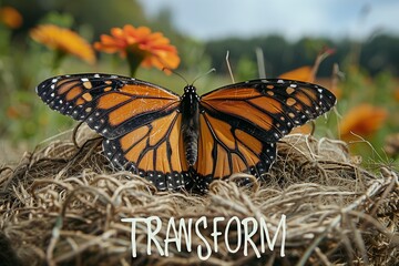 Obraz premium Majestic Butterfly Perched on Nest with Transform Banner, Symbol of Change