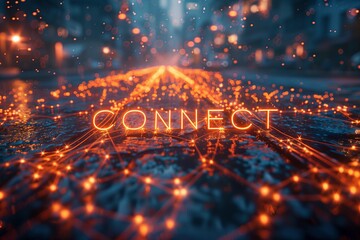 Glowing Network Connections with CONNECT Text, illustrates a network of glowing connections with the luminescent text CONNECT, symbolizing technological interconnectivity.