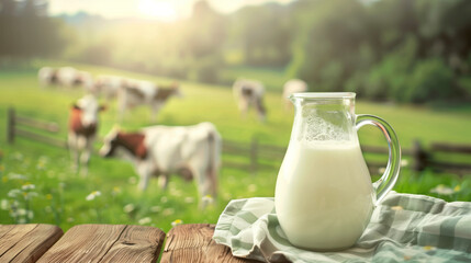 A glass milk jug on a wooden table on the background of an alpine meadow with grazing cows - obrazy, fototapety, plakaty