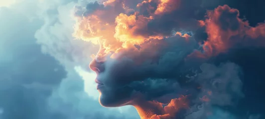 Deurstickers Mind Fog series. Mans head inside cloud. 3D rendering of human head morphed with fractal paint on the subject of inner world, dreams, emotions, creativity, imagination and human mind. © Ibad