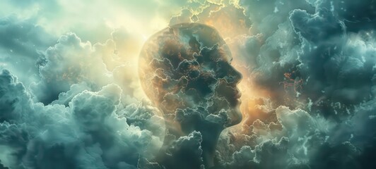 Mind Fog series. Mans head inside cloud. 3D rendering of human head morphed with fractal paint on the subject of inner world, dreams, emotions, creativity, imagination and human mind. - obrazy, fototapety, plakaty