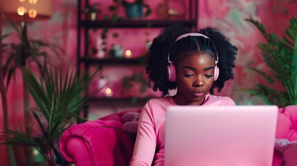 Girl in pink headphones listens to music