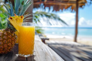 Fresh pineapple juice in a glass with a slice on the rim, against a blurred bar background