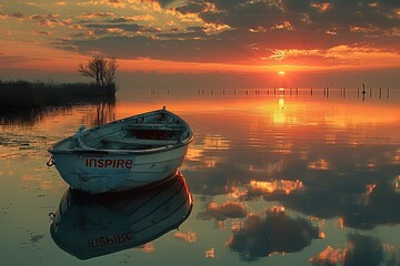 A tranquil scene where the morning sun's warm hues gently illuminate a rowboat named INSPIRE on calm waters.