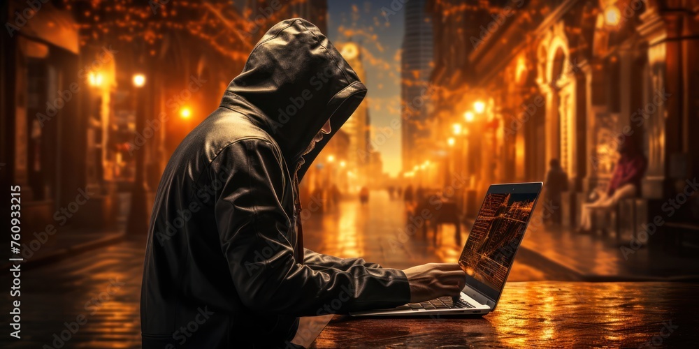 Poster hacker in hooded jacket using laptop computer generative ai