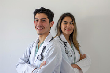 Young doctors interns on white background, guy and girl