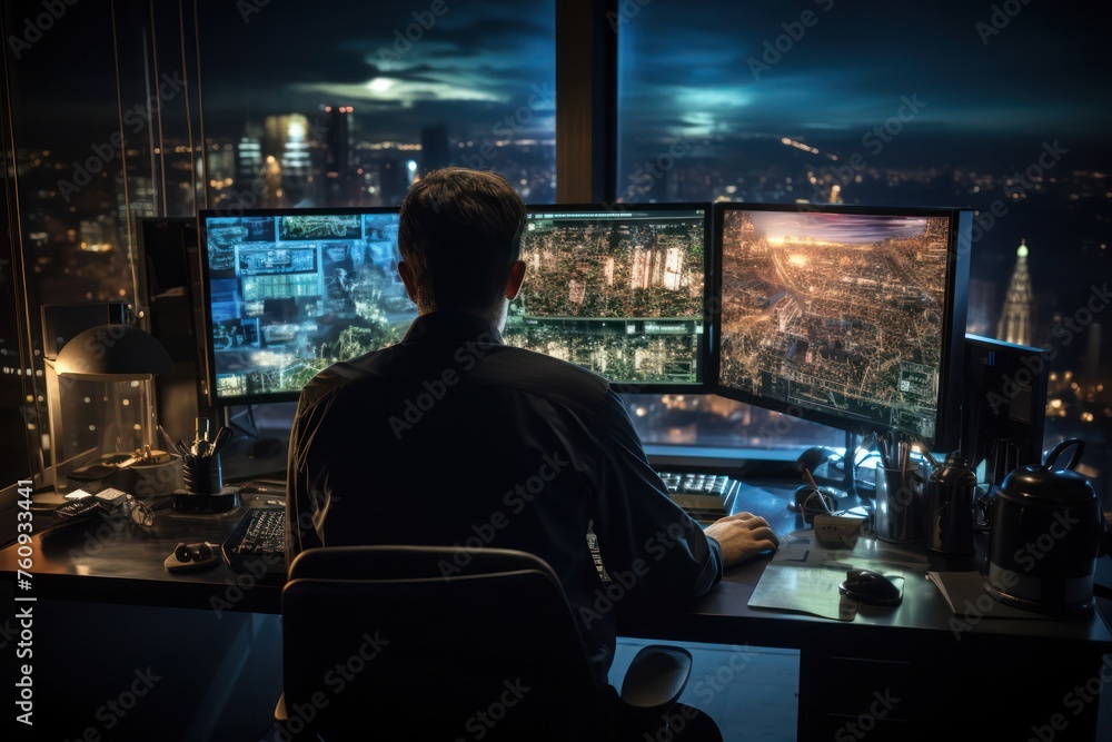 Poster security expert working at desk with two computer monitors generative ai