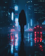 Facial Recognition, privacy concerns, futuristic urban landscape, nighttime city lights, overcast sky, photography, silhouette lighting, chromatic aberration, Low-angle view