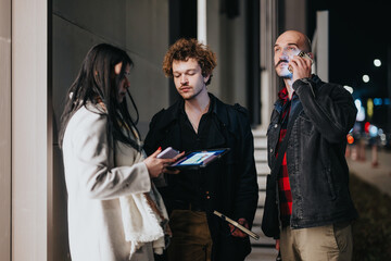 Business colleagues in an informal meeting outside office hours, discussing plans and strategies with digital tablet and documents in hand.