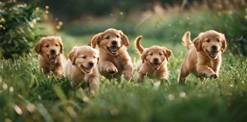 a group of puppies running through the grass at sunset dogs