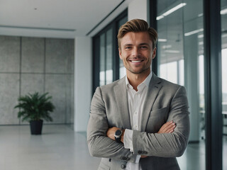 Fototapeta premium beautiful Portrait of a young successful businessman advisor, Confident Young Businessman in a Modern Office Setting