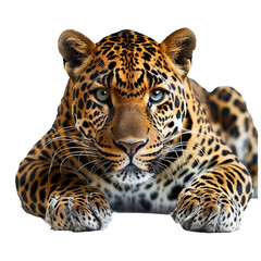 Captivating image of a fierce wild jaguar cat charging towards the camera with intense eyes ,set against a white background