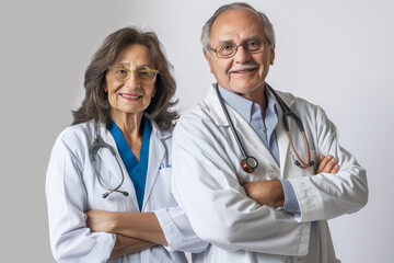 Fototapeta premium Portrait of two elderly Old Doctors on a white background, experienced doctors