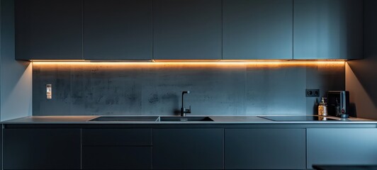 Dark kitchen interior with bar island and kitchenware on marble deck. Closeup of cooking space with countertop and sink, hood and black wooden shelves. 3D rendering