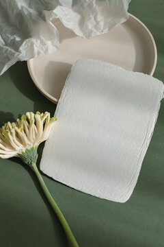 Overhead view of a blank piece of handmade deckle edge card on a ceramic plate with gerbera and crumpled paper